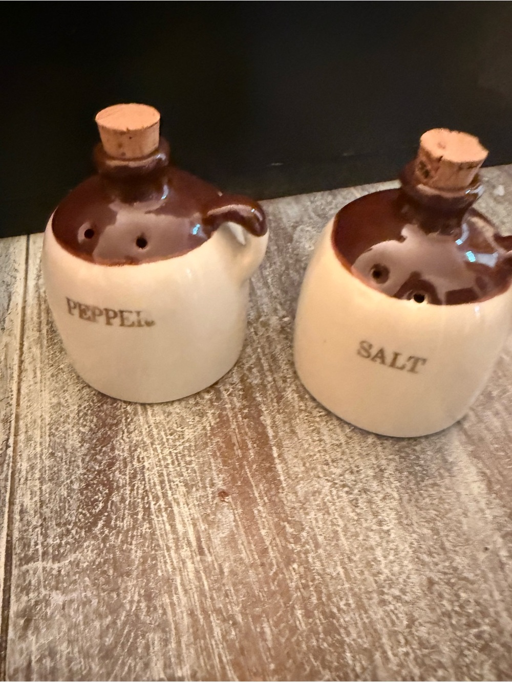 Vintage Stoneware Salt & Pepper Jugs - Brown and Cream